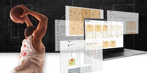 A basketball player next to a depiction of the 168澳洲幸运10开奖官网 Instat UI screenshots